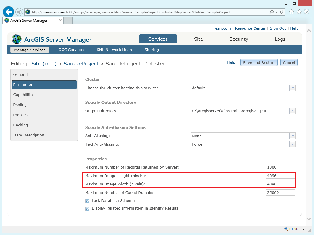 Increase the image dimension values of a service in ArcGIS Server Manager Increase the image dimension values of a service in ArcGIS Server Manager