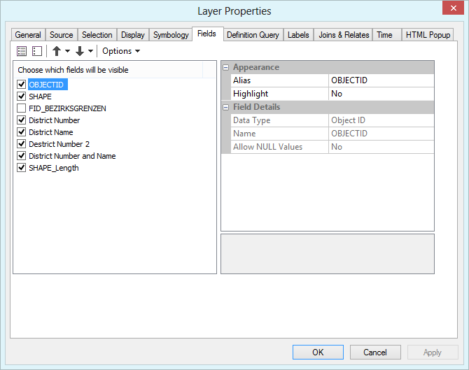 ArcMap layer properies - fields