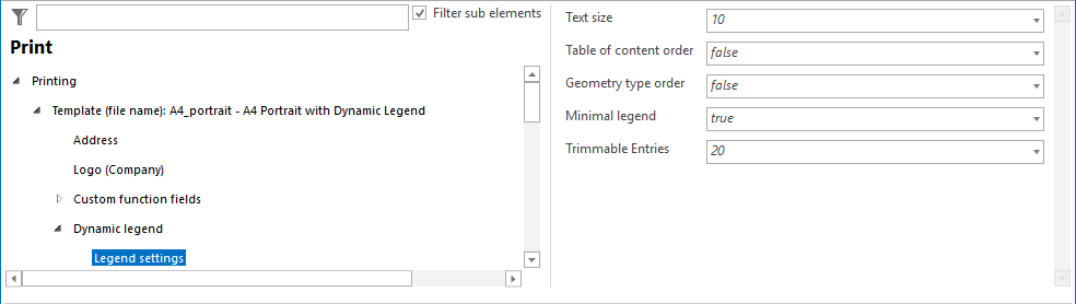 Legend settings configuration for a print template