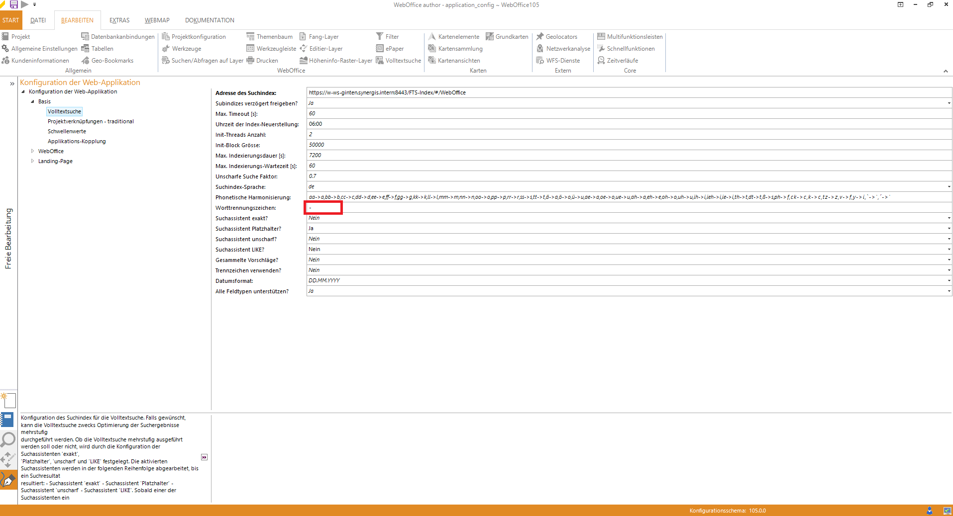 Einstellungen in der Anwendungskonfiguration unter "Volltextsuche" Einstellungen in der Anwendungskonfiguration unter "Volltextsuche"