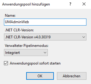 Neuer Anwendungspool "UserManagement" Neuer Anwendungspool "UserManagement"