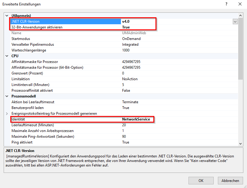 Parameter in Bezug auf 32-Bit-Anwendung und Idendität im IIS Parameter in Bezug auf 32-Bit-Anwendung und Idendität im IIS