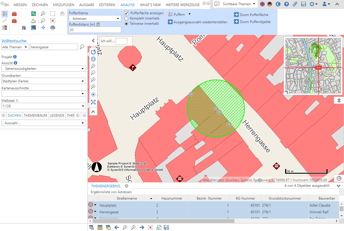 Ergebnis vom Puffern mit drei Objekten, die sich teilweise innerhalb der Bufferfläche befinden Ergebnis vom Puffern mit drei Objekten, die sich teilweise innerhalb der Bufferfläche befinden