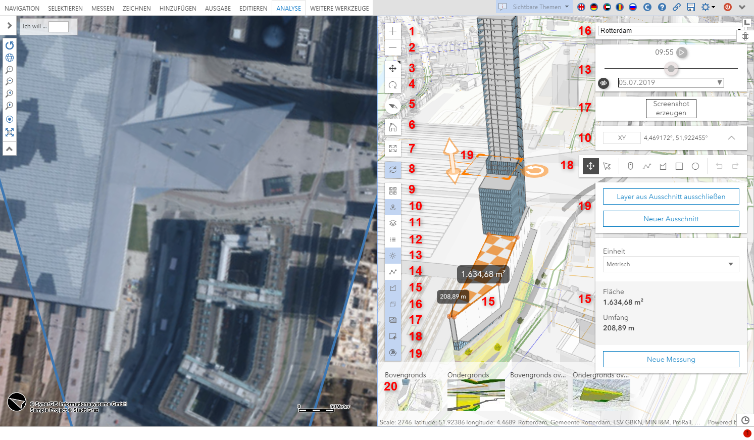 WebOffice core mit Webszene-Fenster in der rechten Hälfte des Hauptkartenbereiches WebOffice core mit Webszene-Fenster in der rechten Hälfte des Hauptkartenbereiches