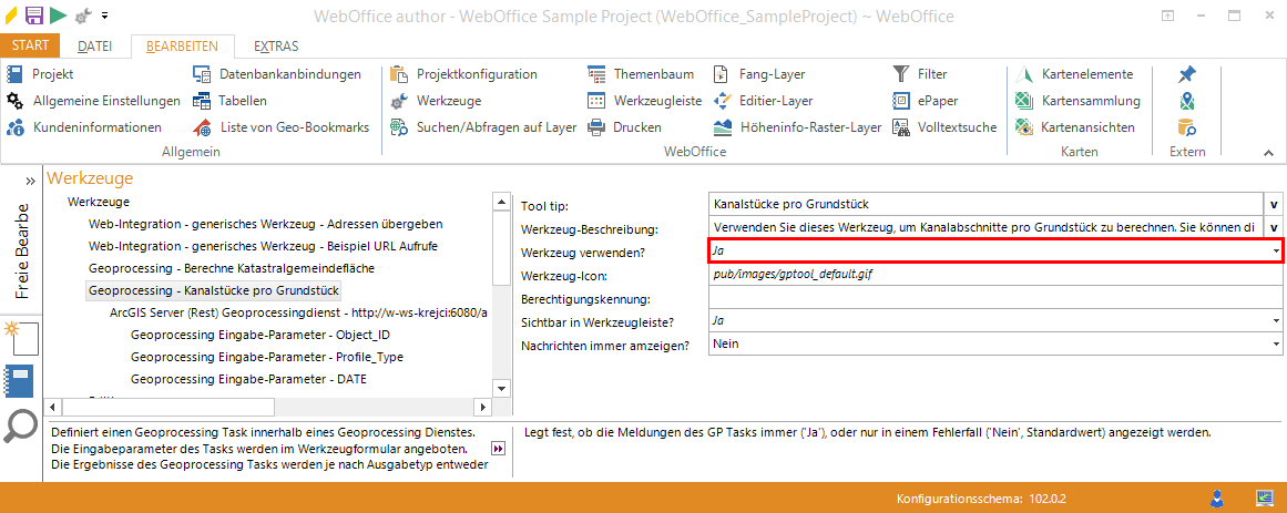 Aktivieren sie das Geoprocessing - Kanalstücke pro Grundstück Werkzeug im WebOffice author Aktivieren sie das Geoprocessing - Kanalstücke pro Grundstück Werkzeug im WebOffice author