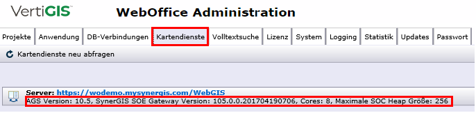 ArcGIS Server & Server Object Extension - Software Version; Anzahl Cores am Server; Maximale SOC Heap Größe ArcGIS Server & Server Object Extension - Software Version; Anzahl Cores am Server; Maximale SOC Heap Größe