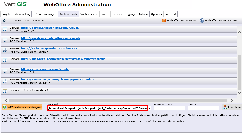 Eingabe der WFS URL in SynAdmin unter Reiter Kartendienste Eingabe der WFS URL in SynAdmin unter Reiter Kartendienste
