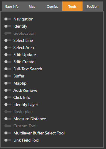Auswahl der unterstützten Werkzeuge in WebOffice map widget