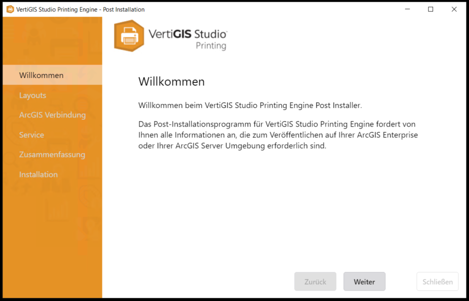 Start des Post-Installationsprogramms für VertiGIS Printing Start des Post-Installationsprogramms für VertiGIS Printing