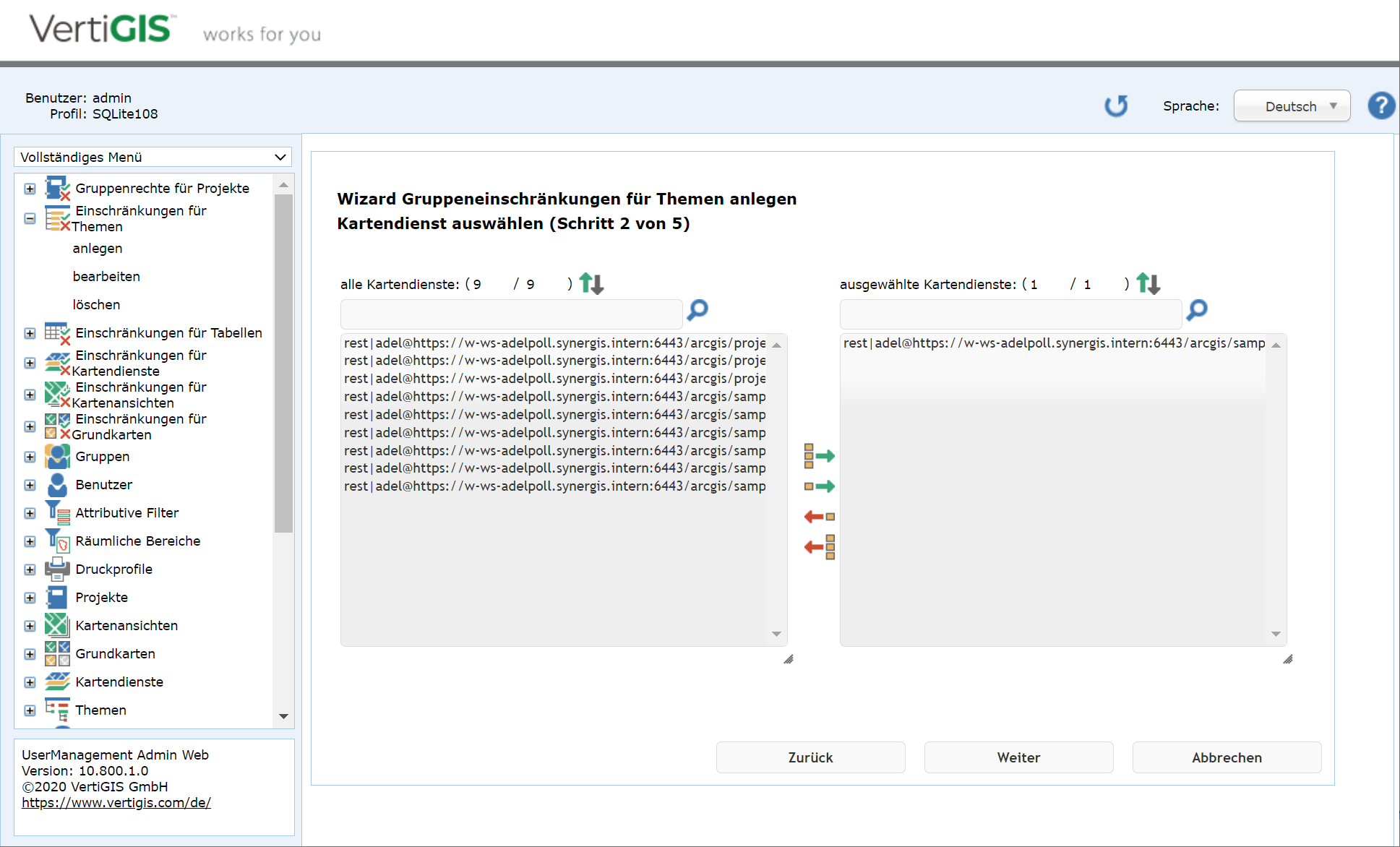 Anlegen Gruppeneinschränkungen für Themen - Schritt 2 Kartendienst auswählen Anlegen Gruppeneinschränkungen für Themen - Schritt 2 Kartendienst auswählen