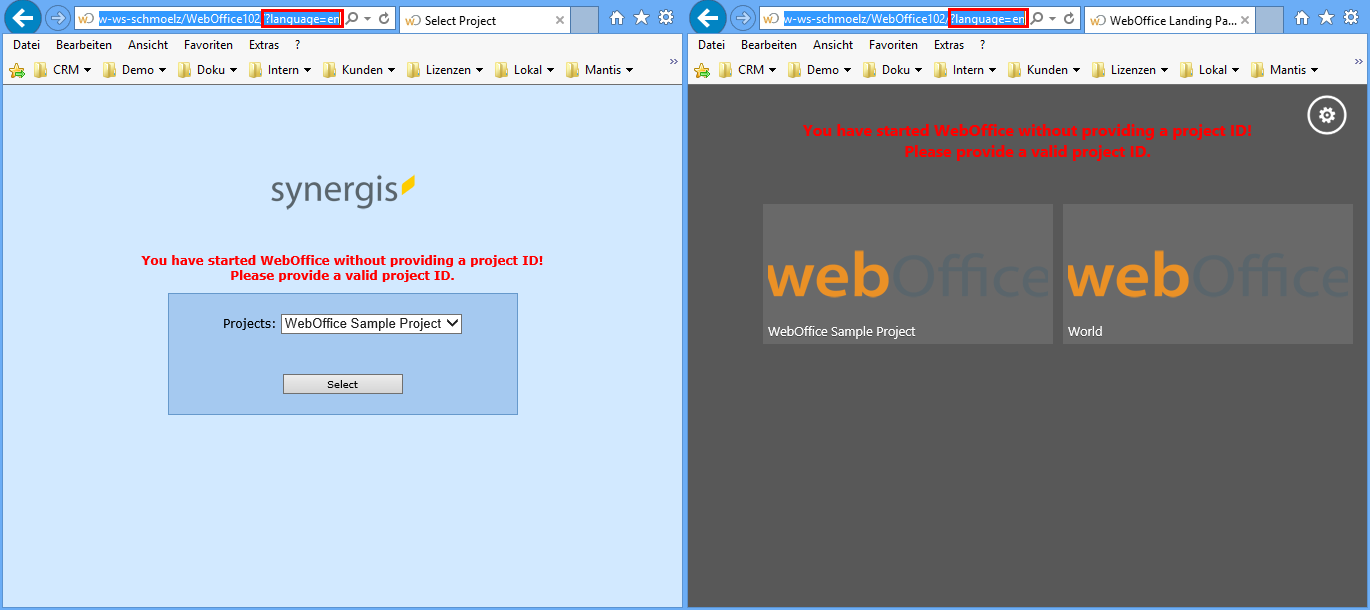 Aufruf einer WebOffice 10.9 R2 SP1-Anwendung ohne Angabe eines Projektes in englischer Sprache (links: traditionell / rechts: modern) Aufruf einer WebOffice 10.9 R2 SP1-Anwendung ohne Angabe eines Projektes in englischer Sprache (links: traditionell / rechts: modern)