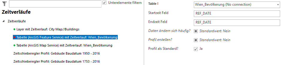 Konfiguration einer Tabelle (ArcGIS Feature Service) mit Zeitverlauf Konfiguration einer Tabelle (ArcGIS Feature Service) mit Zeitverlauf