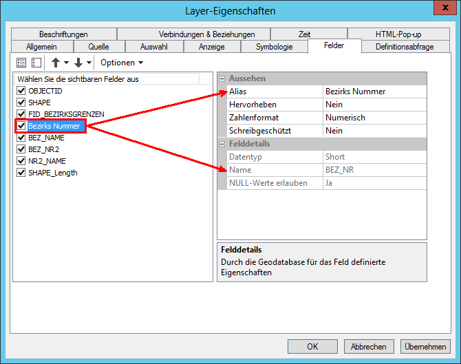 ArcMap-Layereigenschaften - Felder