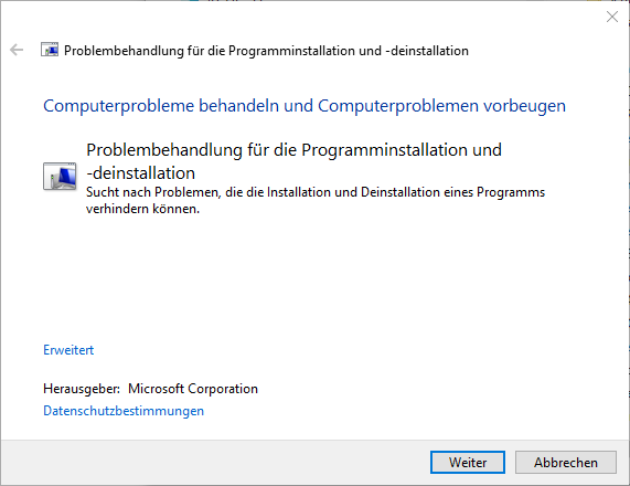 Windows Assistent Problembehandlung für die Programminstallation und -deinstallation Windows Assistent Problembehandlung für die Programminstallation und -deinstallation