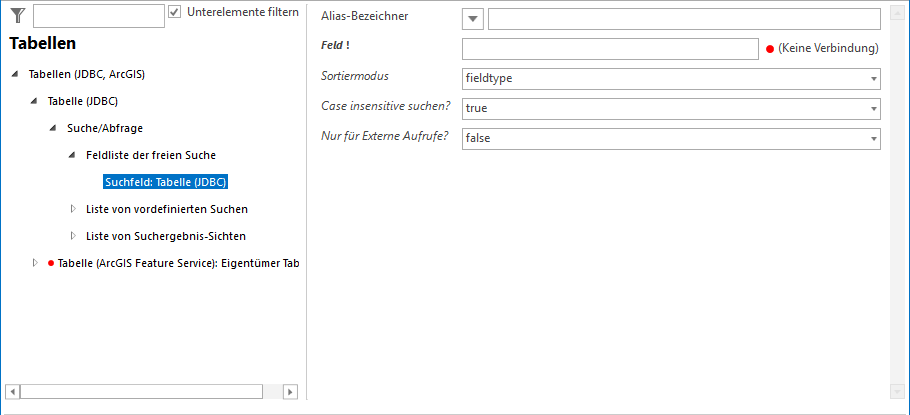 Feldliste der freien Suche und Suchfeld Feldliste der freien Suche und Suchfeld
